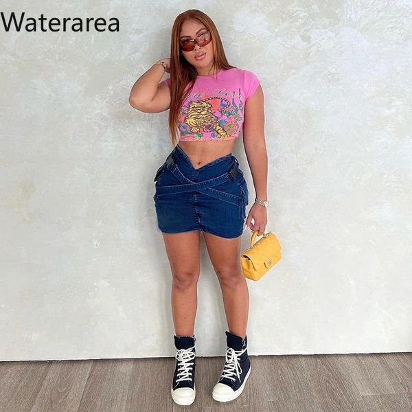 Jupes Waterarea Femmes Mode Lavé Boucle Criss Cross V-taille Poche Côté Cargo Denim Moulante Midi 2024 Streetwear JeansSkirt