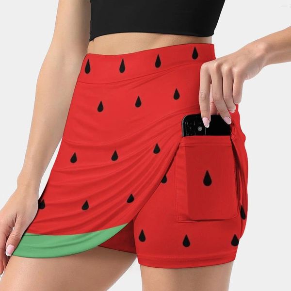 Jupes Pastèque Jupe Femme Avec Poche Vintage Impression Une Ligne Vêtements D'été Fruits Baies Croûte Graines Rouge