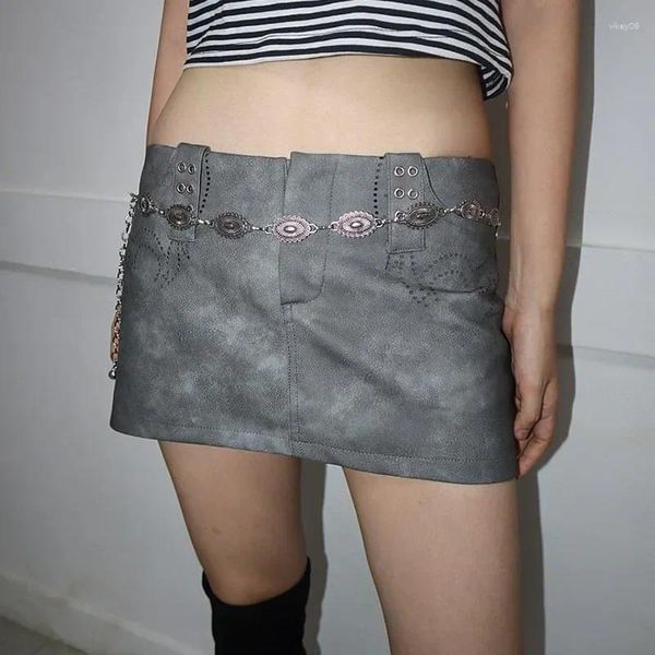 Faldas Weekeep Harajuku Falda de cuero gris 90s Vintage Rhinestones Imprimir Sexy Punk Estilo Super Short Mini Y2K Streetwear Ladies