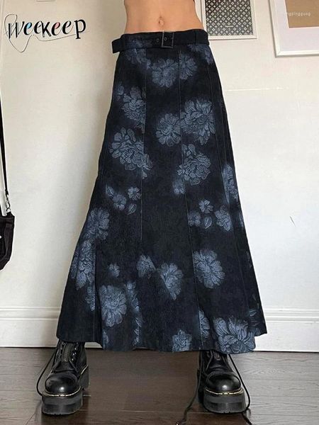 Faldas Weekeep Retro con estampado Floral, falda larga con cinturón, ropa de calle informal Y2k, corte en A holgado, trajes Harajuku Grunge