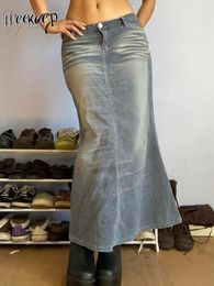 Jupes Weekeep Vintage Denim Jupe Longue Taille Basse Tie Dye Casual Midi Pour Femmes Chic Streetwear Y2k Esthétique Dames Vêtements Années 90 230420