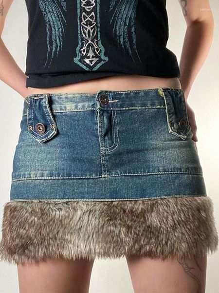 Faldas WeiYao Feather Fur Hem Cute Y2K Falda de mezclilla Cintura baja Chica Lápiz Mini Mujeres 2000s Estética Preppy Streetwear