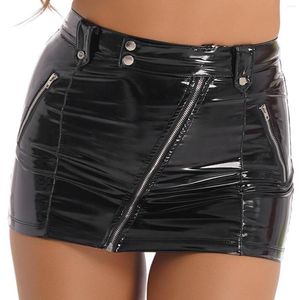 Rokken Wetlook Lakleer Minirok Dames Femme Hoge taille Schuine rits Korte muziekfestival Rave Party Clubwear