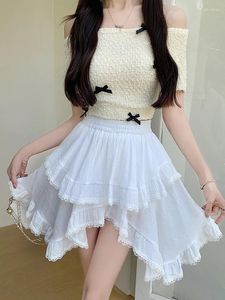 Jupes blanches irrégulières y2k volants plies mini jupe fille haute taille élastique japonais gâteau dentelle de dentelle
