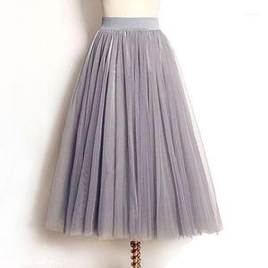 Jupes Vente en gros - 4 Couches Tulle Femmes Été Élastique Taille Haute Dames Longue Jupe En Maille Femmes Tutu Maxi Plissée Midi Faldas Saias1