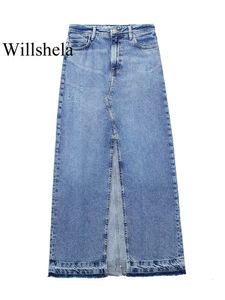 Jupes Willshela femmes mode Denim bleu solide avant fermeture éclair fente Maxi jupe Vintage taille haute femme Chic dame jupe 230901