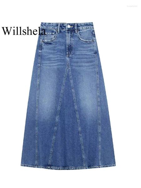 Jupes Willshela Femmes Mode Denim Bleu Front Zipper Midi Jupe Vintage Taille Haute Femme Chic Lady Longue