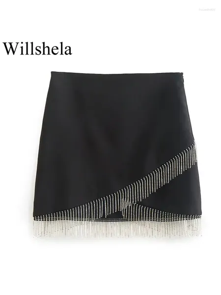 Jupes Willshela femmes mode avec perles solide côté fermeture éclair Mini jupe Vintage taille haute femme Chic dame Mujer tenues