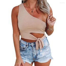 Jupes Vent Couleur Unie Simple Épaule Côté Dentelle Sans Manches Haut Court Oblique Slim Fit Réservoir Femmes