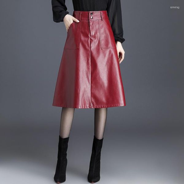 Jupes hiver et automne femmes mi-longueur A-ligne PU cuir jupe poches vin rouge couleur 4XL disponible Faldas Largas Mujer 2023