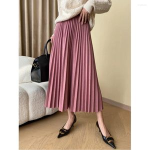 Jupes hiver épais midi jupe plissée femme mode élégant long décontracté basique taille haute rose