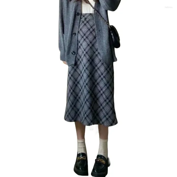 Jupes hiver femmes 2023 années 90 Vintage vêtements élastique taille haute Argyle Plaid jupe longue fendue Midi laine