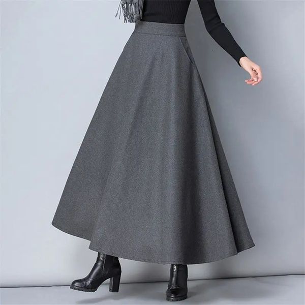 Jupes Hiver femmes longue jupe en laine mode taille haute basique laine jupes femme décontracté épais chaud élastique a-ligne Maxi jupes O839 231025