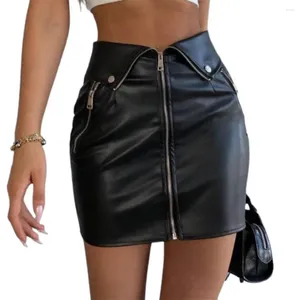 Faldas Winter Women Mini Skirt High Wisting Pockets Cierre de la cremallera Corto de cadera delgada Faux Faux Leather