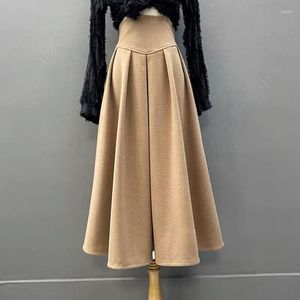 Jupes hiver laine longue jupe femmes taille haute épissage noir kaki plissé midi avec fermeture éclair