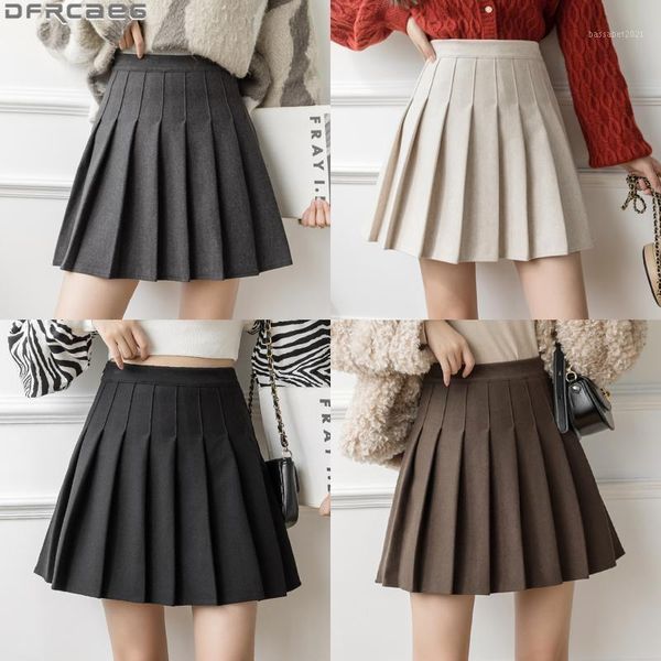 Faldas Falda de lana de invierno Mujeres Sólido Cintura Alta Plisada Mini Escuela Vintage Una línea Falda Plisada Beige Gris Negro Marrón