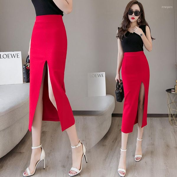 Jupes WisherTong Summer Crayon Jupe Office Wear Taille haute Side Split Mode coréenne Noir Long pour les femmes 2023 Femme