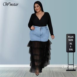 Jupes wmstar plus taille uniquement de jupe de jupe denim maxi avec patchwork en maille sexy