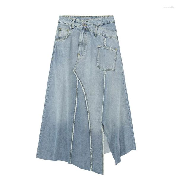 Jupes femme mode bleu taille haute asymétrique Denim jupe 2023 été femme Vintage irrégulière Midi rue