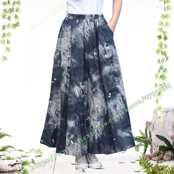 Skirts Woman Summer Femenino Ropa retro Casual Vintage Vintage Algodón y lino Jeans Denim Maxi pliegues A-línea para mujeres