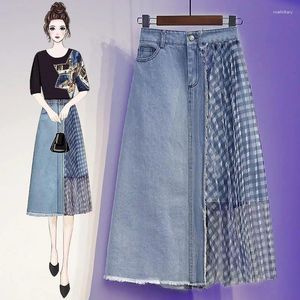 Rokken Vrouw Zomer Onregelmatige Mesh Jeans Vrouwelijke Mode Hoge Taille Patchwork Print Rok Kantoor Dames Zakken Denim G471