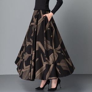 Jupes femme Vintage imprimé taille haute jupe plissée femmes 2021 automne hiver laine longue évasée Poncho Midi grande taille