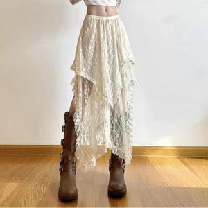 Jupes Femme Vintage Ruffles patchwork Lace Lace A-line midi jupe sexy transparent irréguliers longues fêtes d'été y2k