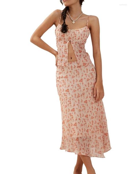 Faldas Mujeres Conjunto de falda larga de 2 piezas Correa de espagueti Dividir sin espalda Crop Tops Floral Trajes largos de verano (Rosa S)
