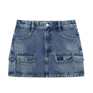 Rokken dames 2023 chique mode zomer vintage sexy blauw korte pocket decoreren werknemer installatie Jean mini rok vrouw
