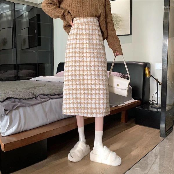 Jupes femmes 2024 automne hiver pied-de-poule Plaid laine jupe femme taille haute dames longue mince paquet hanche Q981