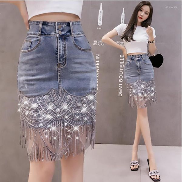 Jupes Femmes Jupe En Jean Mode D'été Gland Paillettes Patchwork Style Coréen Polyvalent Douce Fille Maigre Sexy Bleu Au-Dessus Du Genou Robe