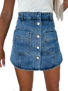 Jupes femmes Mini Denim Sexy Vintage Spandex taille haute poche avant boutonnée Slim Fit Jean jupes Streetwear