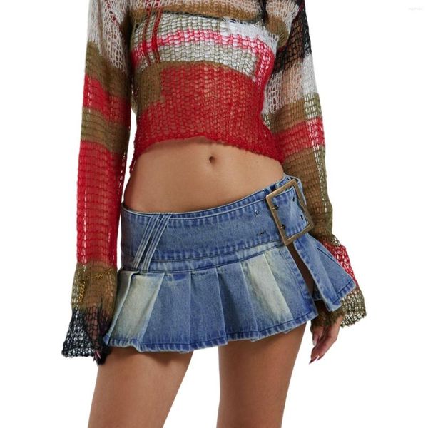 Jupes Femmes D'été Couleur Unie Mini Jupe En Jean Bleu Taille Basse Plissée Streetwear Avec Ceinture