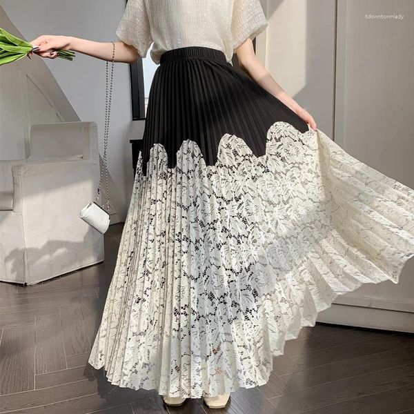 Jupes Femmes A-line haute taille en dentelle plissée Long jupe combinaison de couleur 2024 printemps été en coréen vêtements de mode
