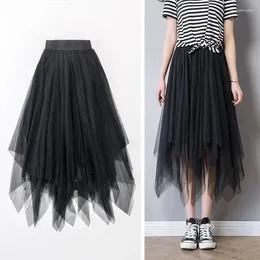 Rokken vrouwen asymmetrische rok lente herfst hoge taille ruches mesh tutu tule midi zwarte vrouw