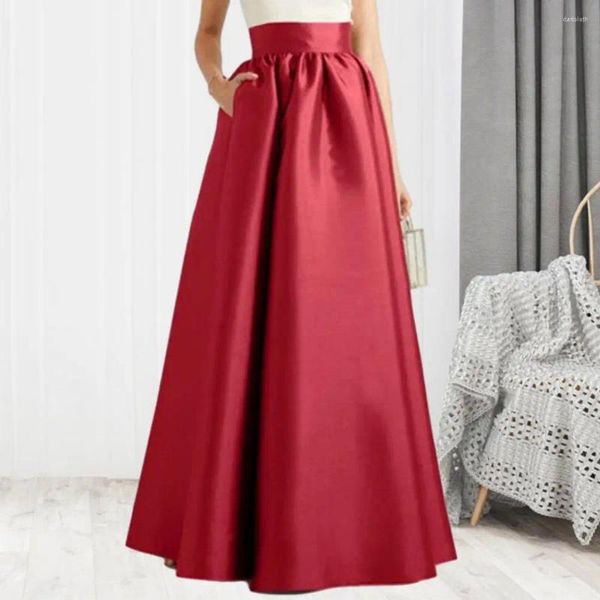 Faldas Mujer Otoño Faux Satin Maxi Falda A-line Longitud del piso Cintura alta Elegante Vintage Casual Vestido largo