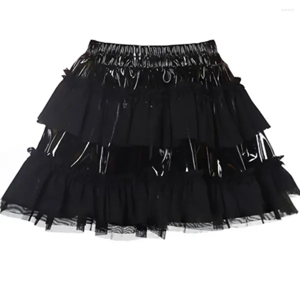 Skirts Women Black PVC Faux Leather Falda corta Mesh Patchwork Látex Mini Rock Gothic PU