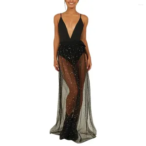 Jupes femmes noir paillettes maille Transparent fendu longue Maxi sketch Femme pure robe de plage paréo paréo gothique