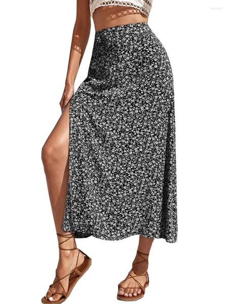 Faldas Mujer Boho Floral Midi Falda Elástica Cintura Alta Una Línea Volantes Casual Bohemio Abertura Lateral Fluido (A-Verde XXL)