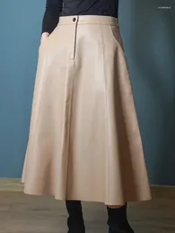 Jupes femmes Caramel jupe en cuir véritable 2023 hiver femme peau naturelle a-ligne Simple grand ourlet plissé longue Faldas abricot Ropa Mujer