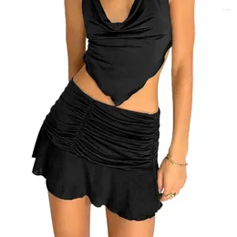 Jupes femmes décontracté ourlet plissé couleur unie taille élastique jupe courte Y2k noir blanc Orange Sexy mode Streetwear 2024