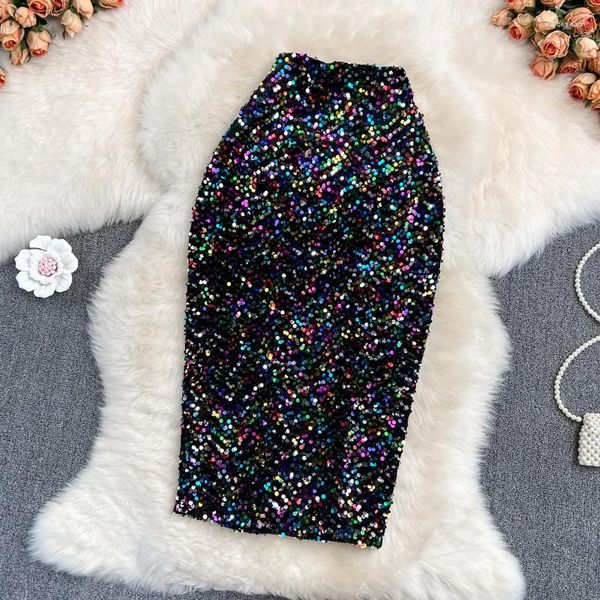 Jupes Femmes Chic Sequin Pleine Jupe Taille Haute Élégante Mode Coréenne Hip Wrap Casual Vêtements D'été