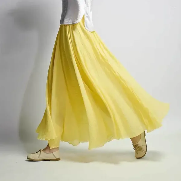 Jupes Femmes Jupe en lin en coton jaune longue taille haute surdimension élastique une ligne filles plissée couleur unie ethnique sucrée vintage