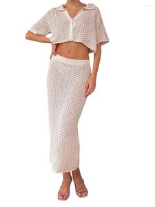 Jupes femmes Crochet Maxi ensembles évider tricoté maillot de bain cache-maillots 2 pièces tenues ensemble plage fête Clubwear