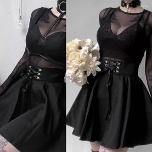 Rokken Vrouwen Dark Gothic Punk Hoge Taille Zwarte Mini Skater Rok Harajuku Kriskras Lace-Up Front Geplooide A-lijn Streetwear