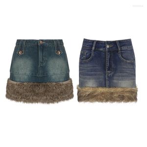 Rokken dames denim pluche trim patchwork lage taille mini rok y2k lente herfst gewikkeld heup short fairycore grunge streetwear