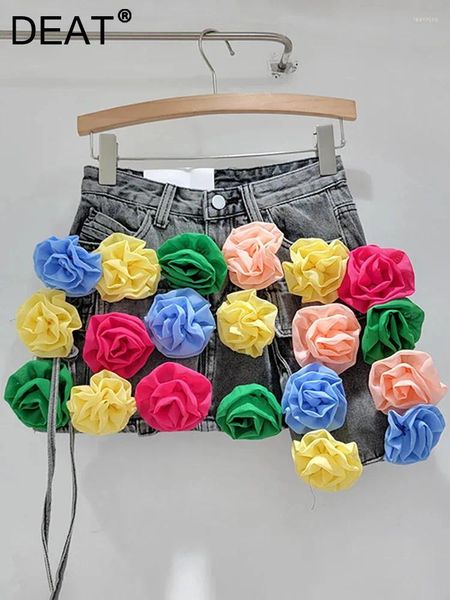Faldas para mujeres falda de mezclilla colorida flores pequeñas a línea envolvente múltiples bolsillos de carga mini 2024 moda de verano 29l7227