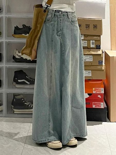 Faldas Mujer Falda vaquera Maxi Midi Jean largo con abertura de cintura alta Slim A-Line Vintage Street Fashion Y2k ropa coreana 2023