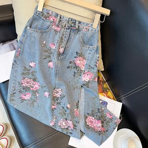 Rokken Vrouwen Denim Zomer Bloemenprint Hoge Taille Split Aline Rok Streetwear Allmatch Casual Jeans Vrouwelijke 230417