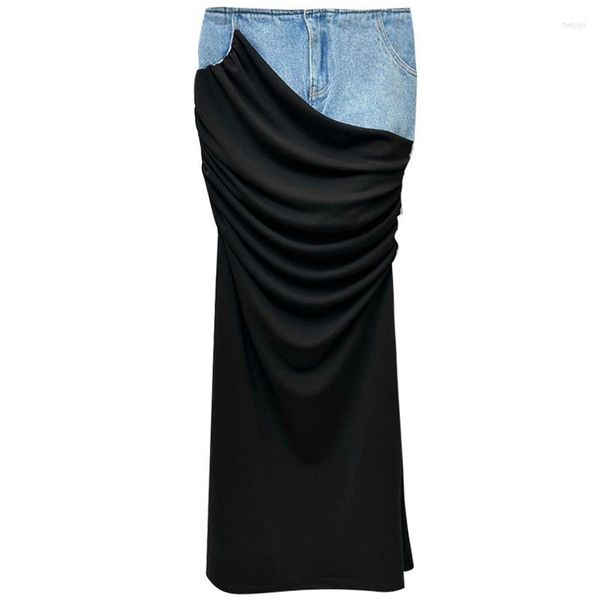 Faldas Mujeres Diseñador Bodycon Maxi Falda Colorblock Empalmado Cintura alta Estiramiento fruncido Casual Lápiz largo